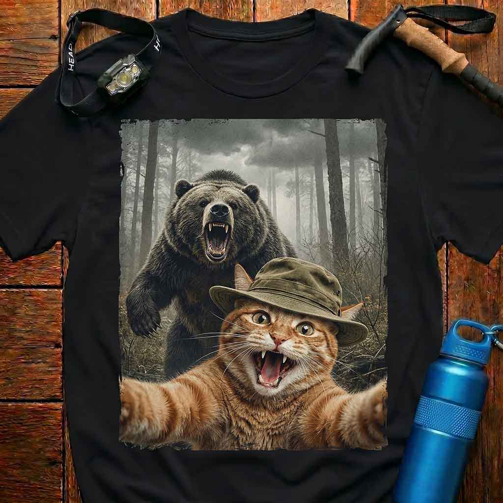 Cat Selfie with Roaring Bear T-Shirt