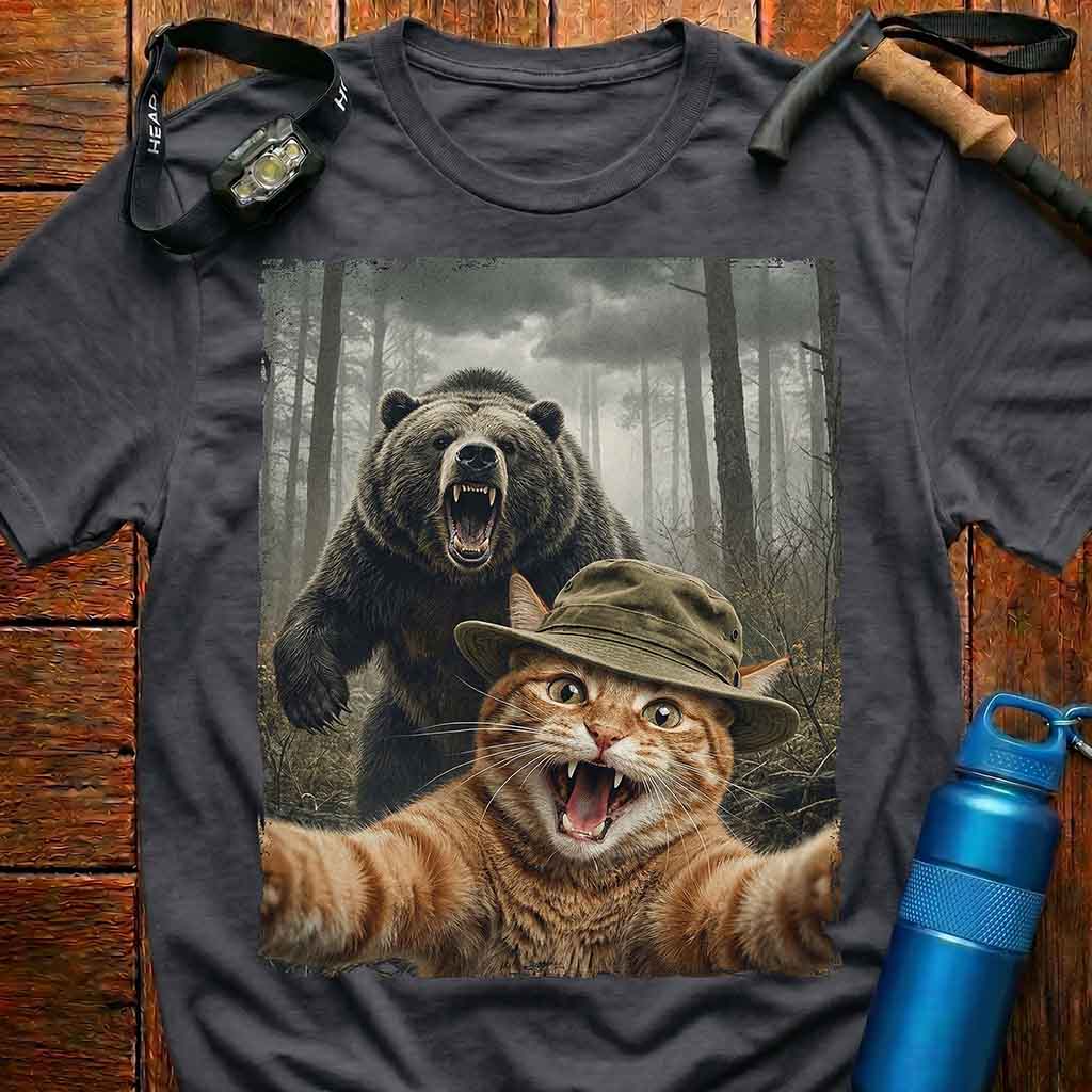 Cat Selfie with Roaring Bear T-Shirt