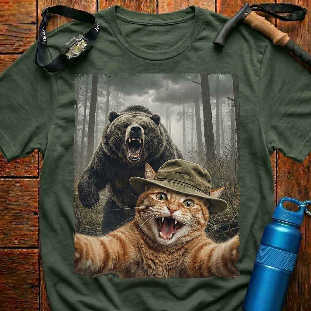 Cat Selfie with Roaring Bear T-Shirt