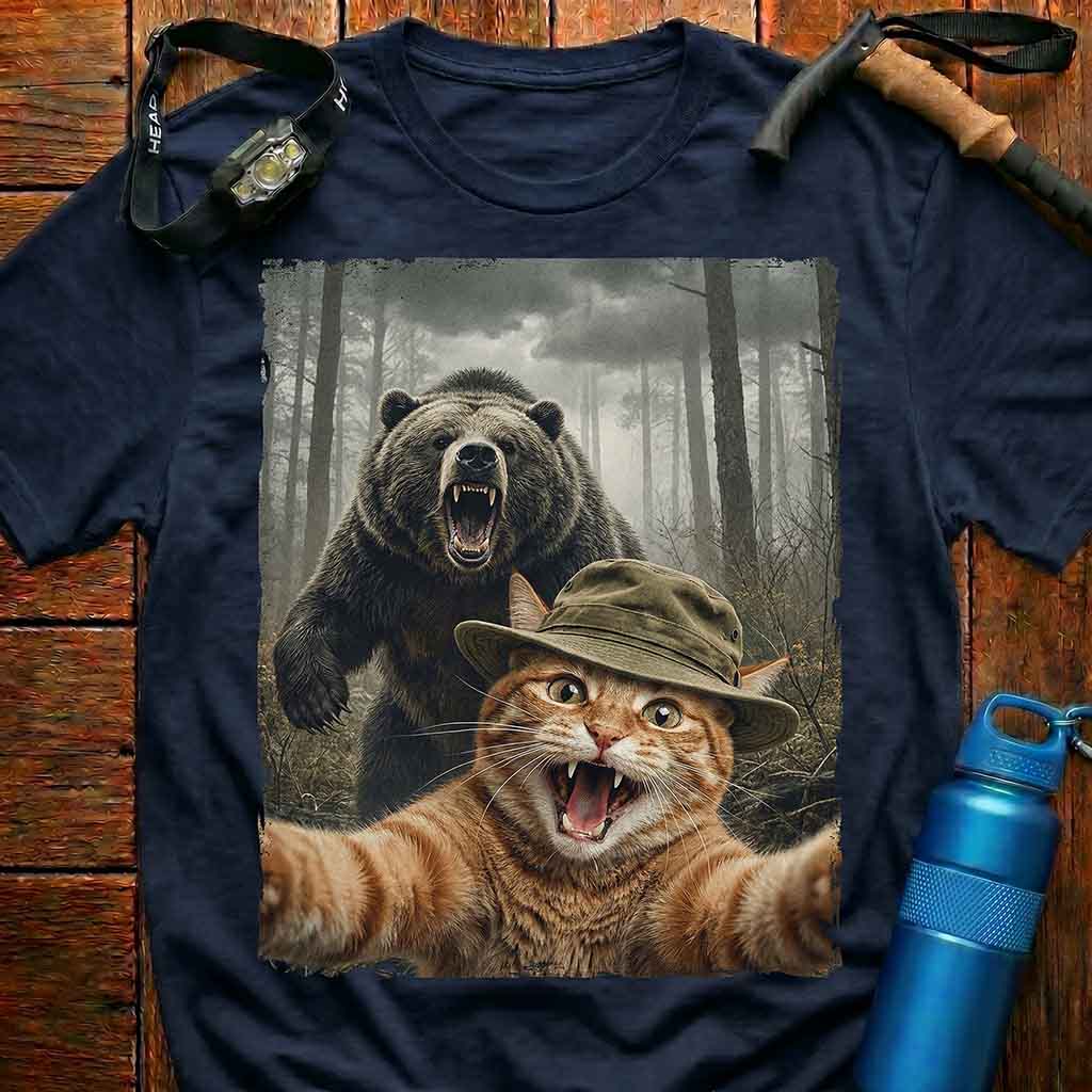 Cat Selfie with Roaring Bear T-Shirt