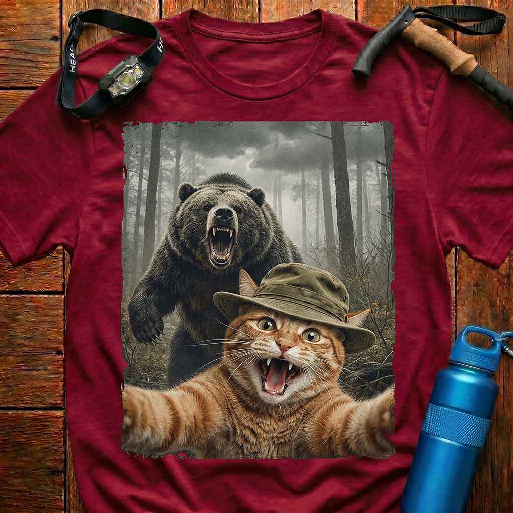 Cat Selfie with Roaring Bear T-Shirt