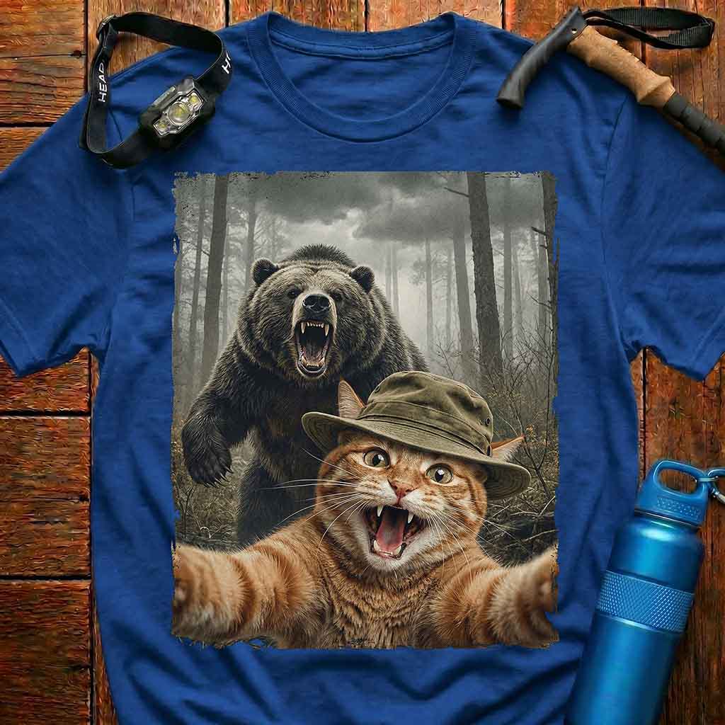 Cat Selfie with Roaring Bear T-Shirt