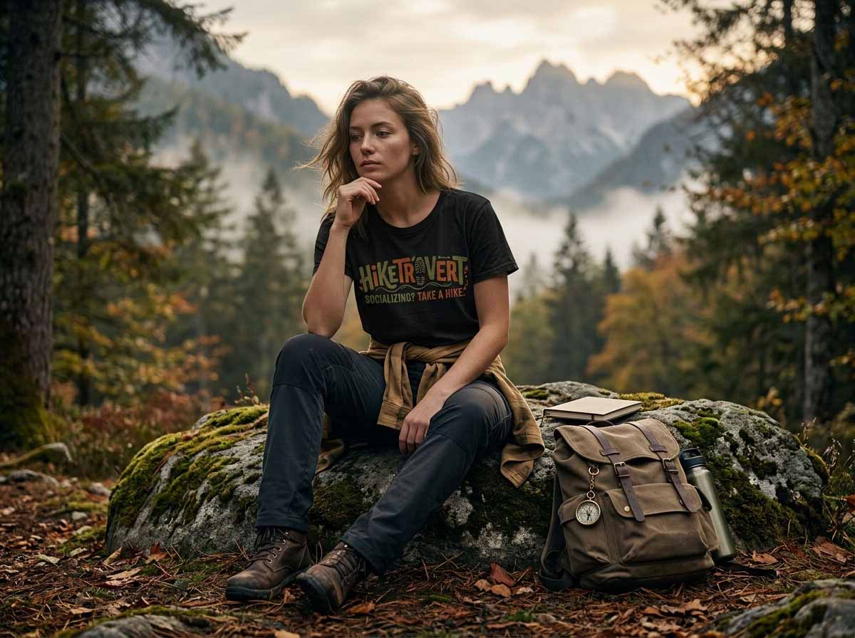 Woman sitting on a rock in a forest with mountains in the background