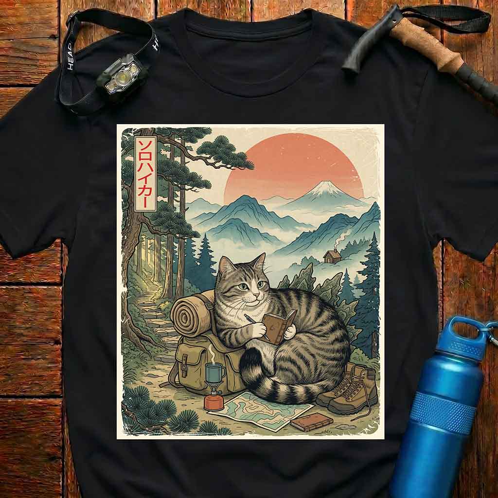 Japanese Cat Adventurer Hiking T-shirt