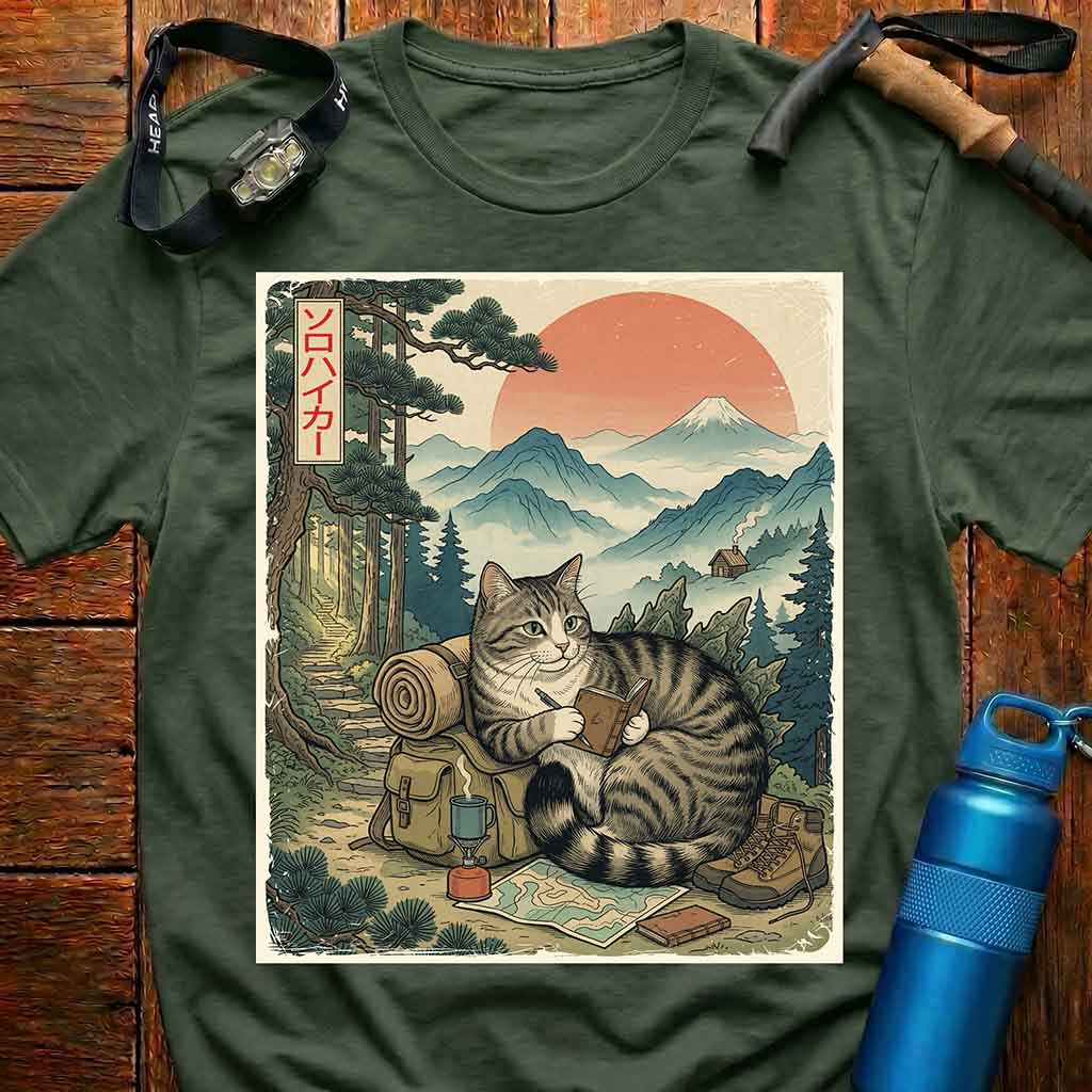 Japanese Cat Adventurer Hiking T-shirt