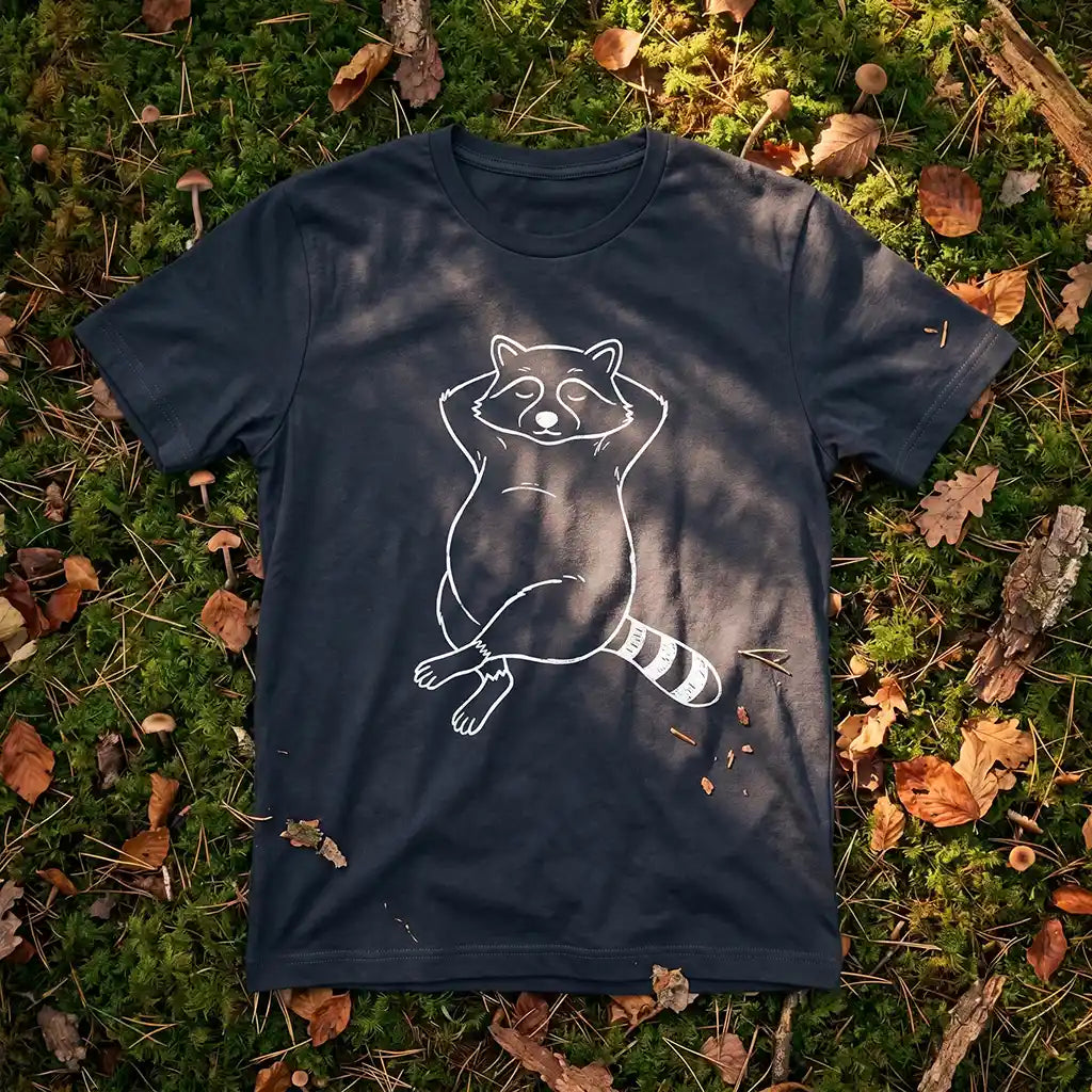 A dark navy blue t-shirt featuring a white line art graphic of a raccoon, laid flat on a mossy forest floor with scattered brown leaves.