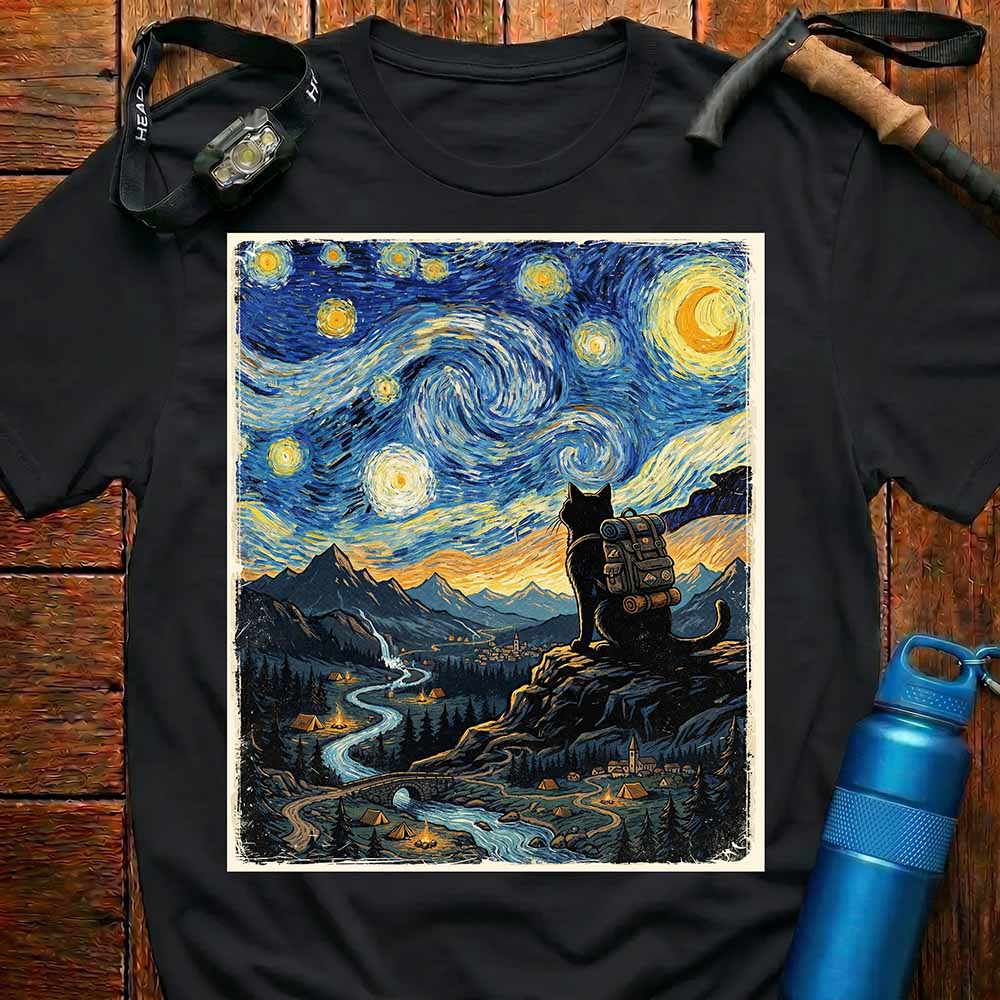 Van Gogh Style Hiking Cat T-Shirt