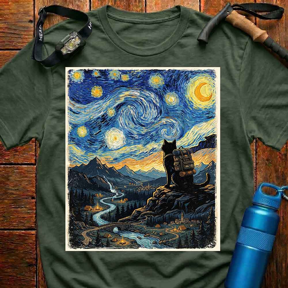 Van Gogh Style Hiking Cat T-Shirt