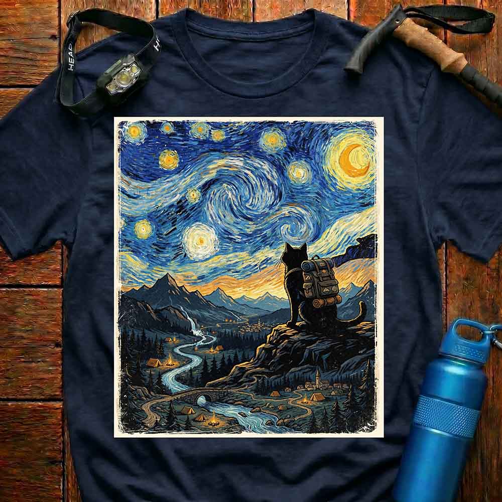 Van Gogh Style Hiking Cat T-Shirt