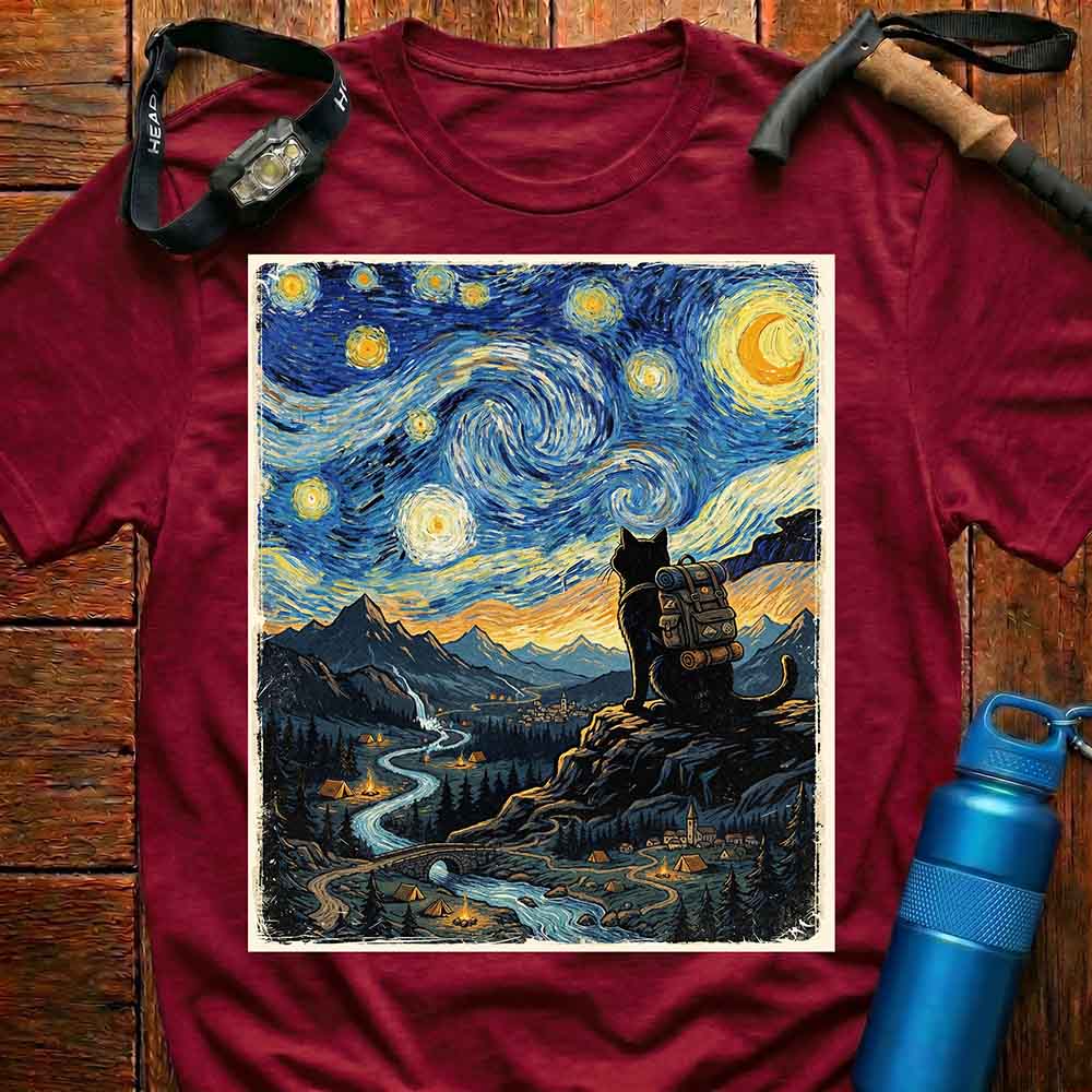 Van Gogh Style Hiking Cat T-Shirt