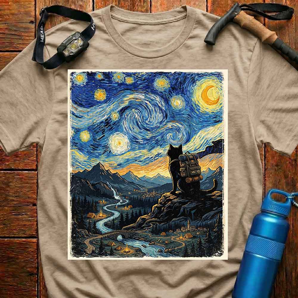 Van Gogh Style Hiking Cat T-Shirt