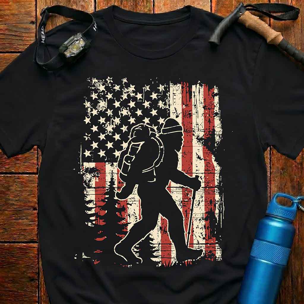 American Bigfoot Hiking Flag T-Shirt