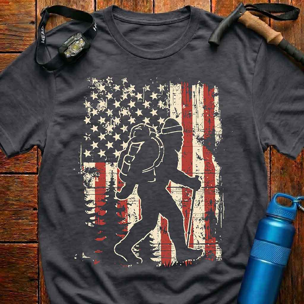 American Bigfoot Hiking Flag T-Shirt