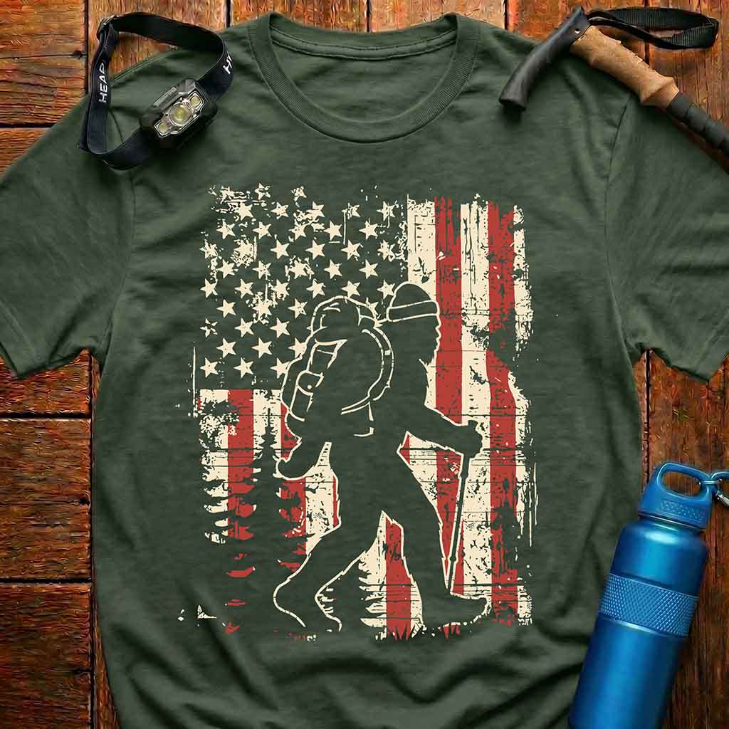 American Bigfoot Hiking Flag T-Shirt