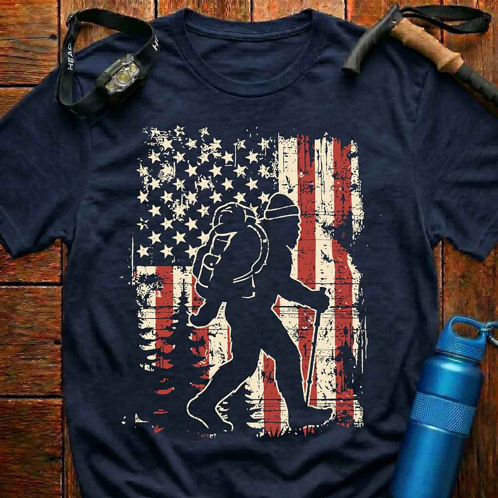 American Bigfoot Hiking Flag T-Shirt